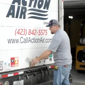 Action Air Technician Preparing Commercial HVAC Truck