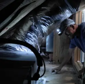 Technician inspecting HVAC ductwork in a crawl space using a flashlight.