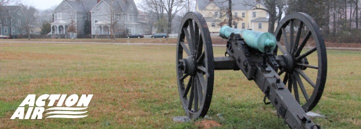 Historic cannon on grassy field with residential houses and trees in the background.