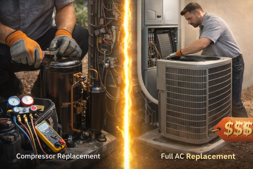 Split-scene of AC compressor replacement versus full system replacement with equipment comparison