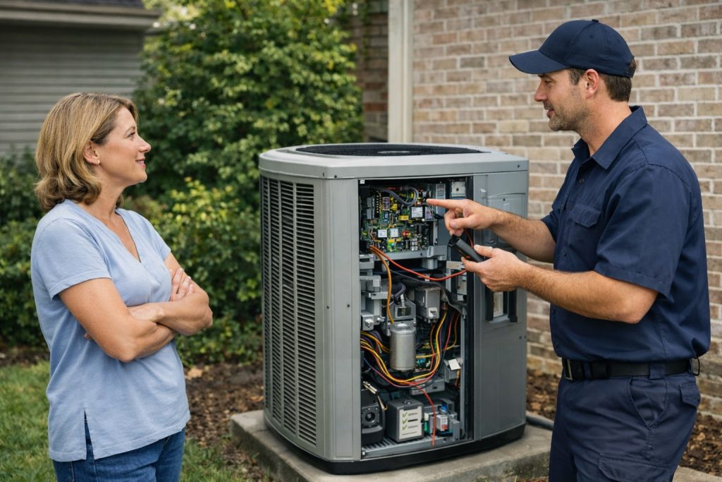 Homeowner and HVAC technician discuss a new AC unit installation in a Chattanooga backyard.