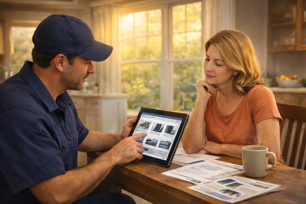 Homeowner and HVAC technician review AC replacement options at a kitchen table in Chattanooga.