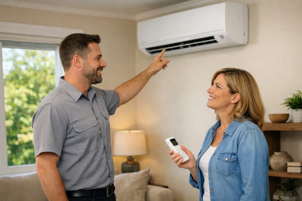 Homeowner and HVAC technician reviewing a ductless mini-split installation in Chattanooga living room