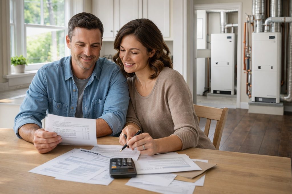 Homeowners reviewing energy costs after installing heat pump system