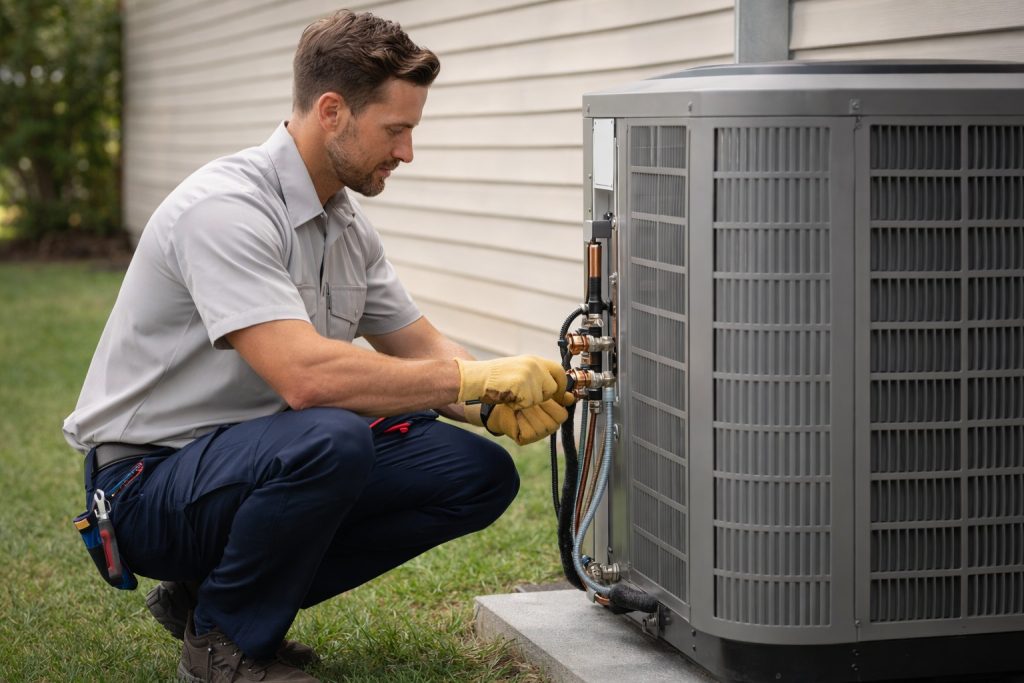 Licensed HVAC technician installing outdoor heat pump system in Chattanooga