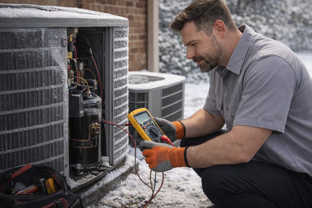 HVAC technician diagnosing failed heat pump system in Chattanooga winter