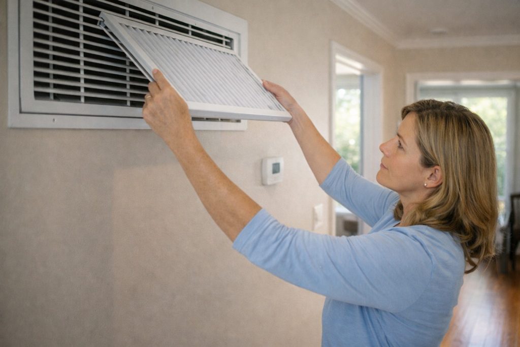 Homeowner replacing HVAC air filter inside Chattanooga home during spring maintenance