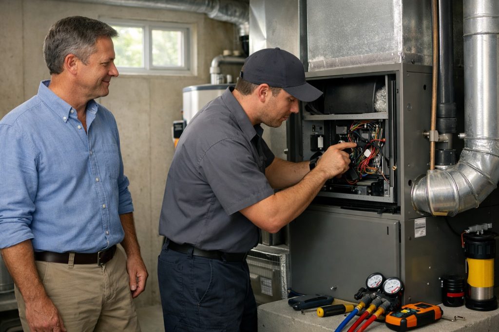 Chattanooga homeowner meeting HVAC technician during AC maintenance service