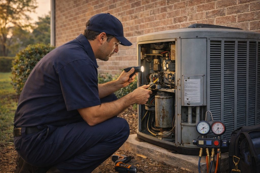 Technician inspects aging outdoor AC unit during cooling system evaluation.