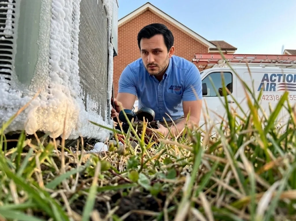 HVAC technician diagnosing airflow and refrigerant causes of a frozen coil in Hixson