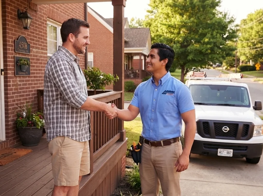 AnHVAC technician and a homeowner shaking hands on the front porch of his home.