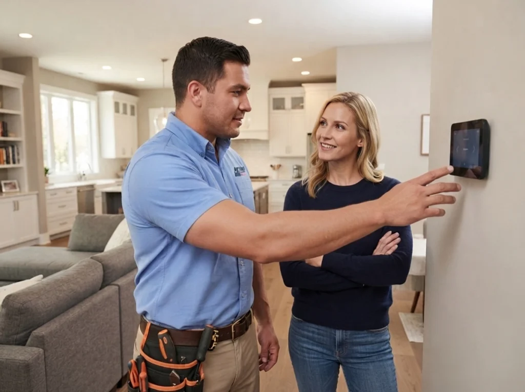 HVAC technician calibrating a smart thermostat for summer cooling