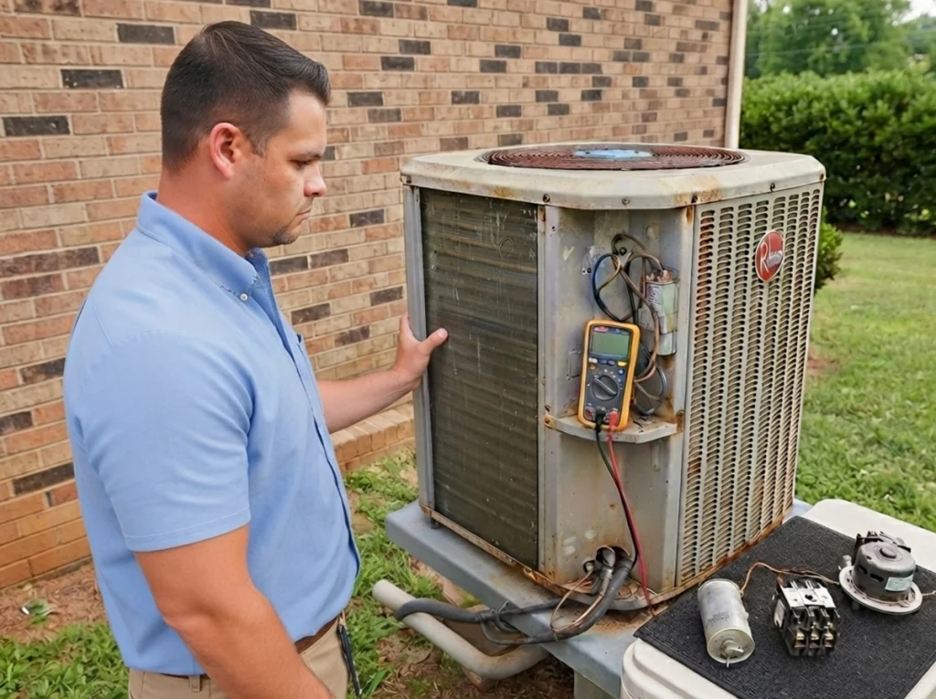 HVAC technician assessing an aging air conditioner in Hixson