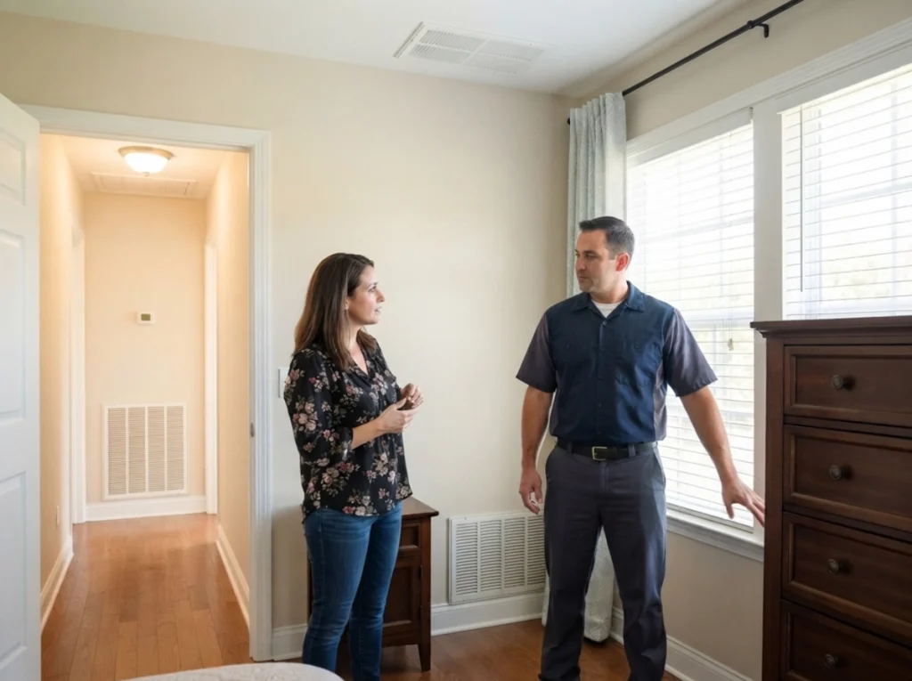 Hixson homeowner reviewing a blocked return grille in a warm bedroom