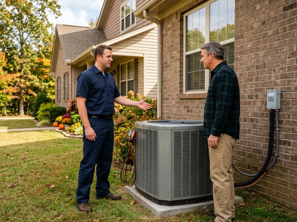 Hixson homeowner discussing late-season AC maintenance with HVAC technician