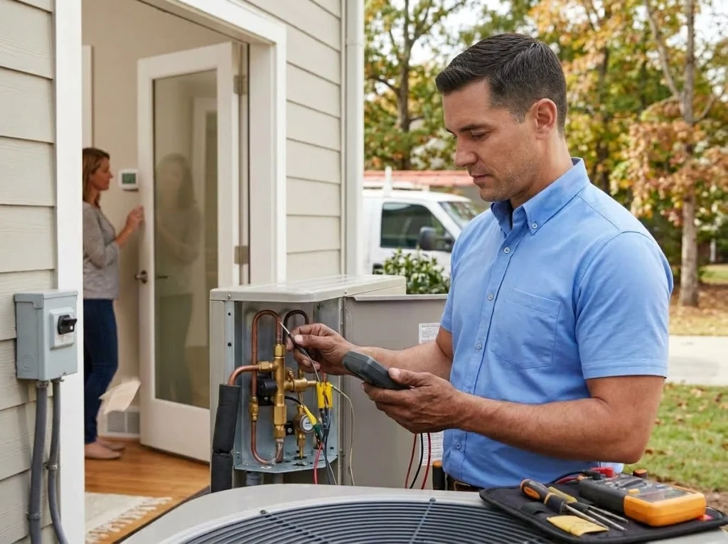 HVAC technician testing a heat pump as it switches from cooling to heating mode